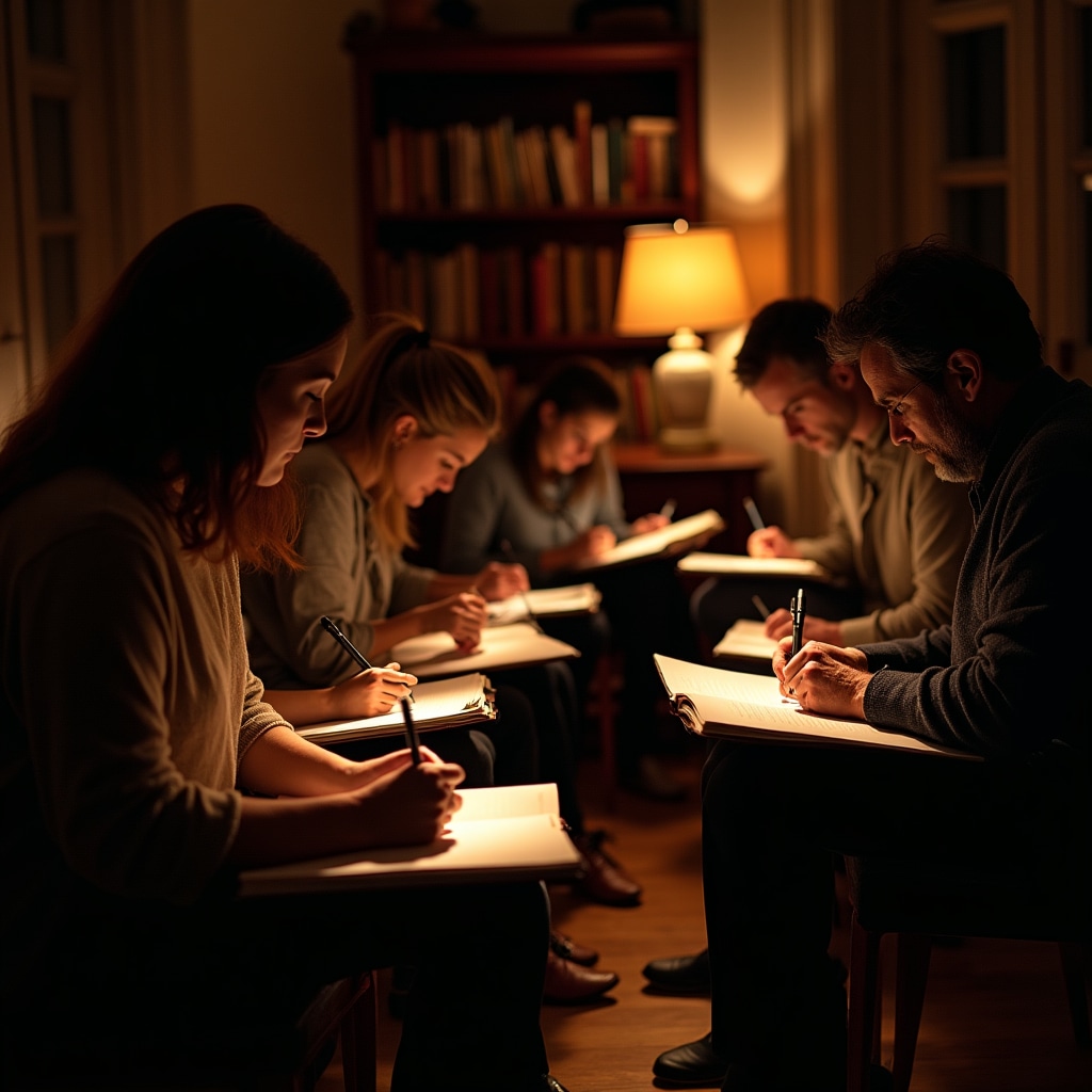 Gruppe Erwachsener schreibt abends gemeinsam bei warmem Licht