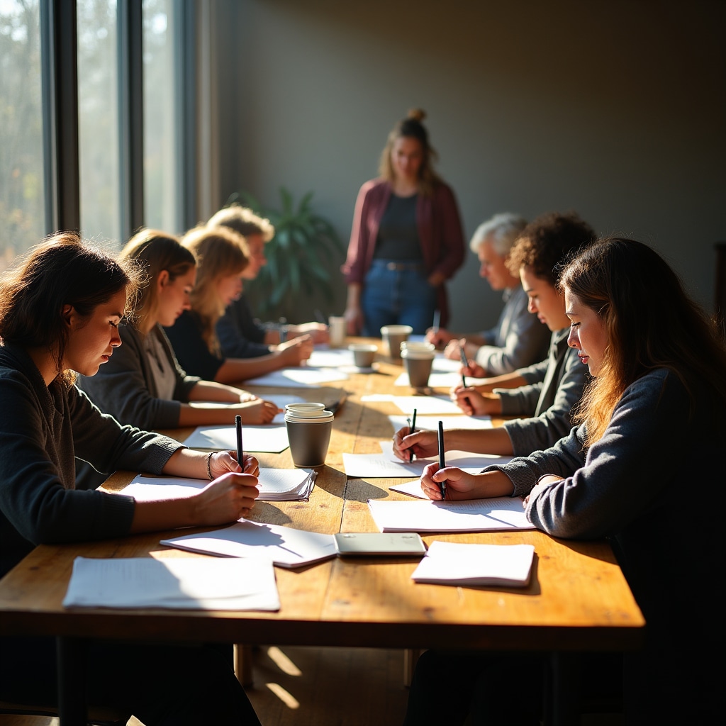Teilnehmende an Wochenendworkshop mit Schreibmaterialien und Kaffee